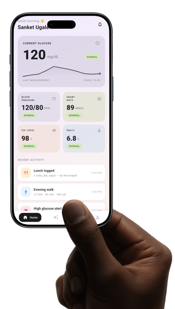 Hand holding phone showing OneTwenty app dashboard with glucose readings, health metrics, and activity tracking